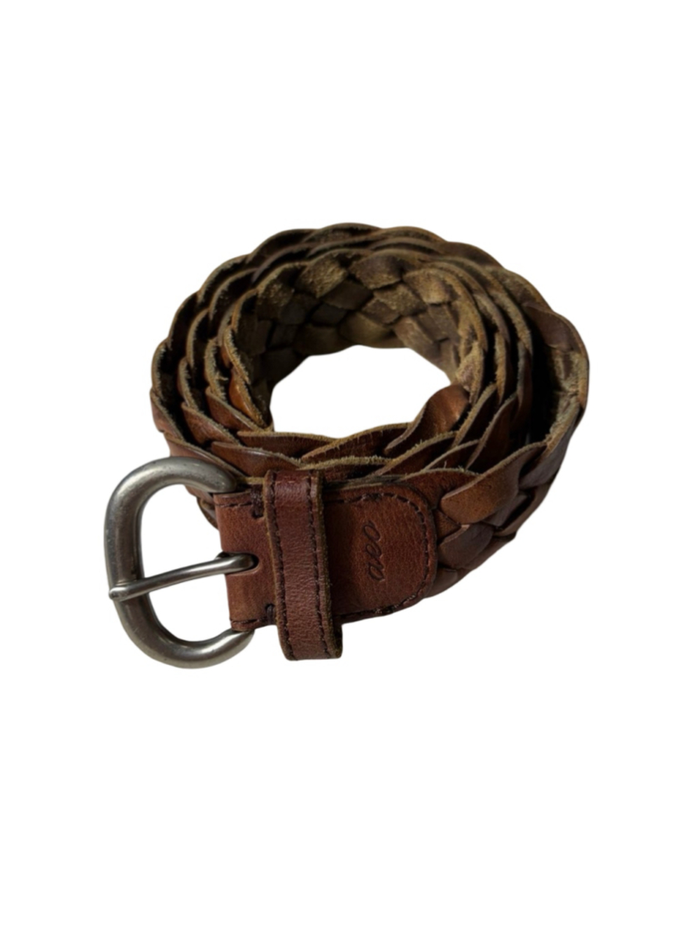AEO American Eagle Brown Braided Genuine Leather Belt Silver Buckle Medium/Large